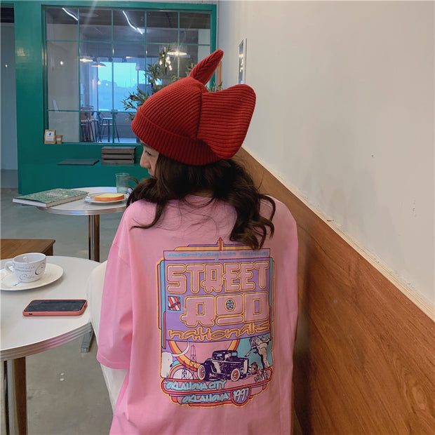 Camiseta holgada informal para mujer, remera de manga de tres cuartos con estampado de dibujos animados para mujer, ropa de calle Rosa, blanca y naranja