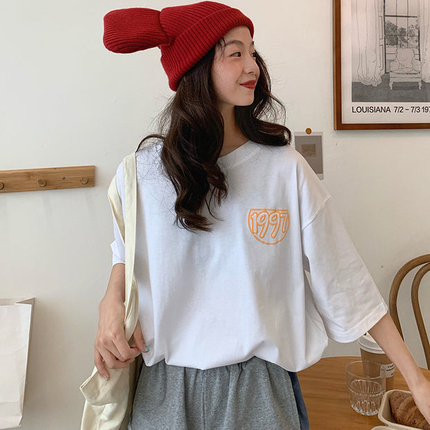 Camiseta holgada informal para mujer, remera de manga de tres cuartos con estampado de dibujos animados para mujer, ropa de calle Rosa, blanca y naranja
