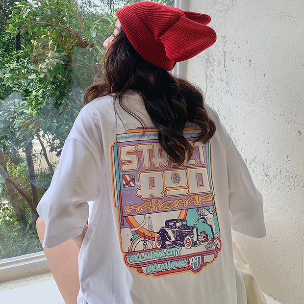 Camiseta holgada informal para mujer, remera de manga de tres cuartos con estampado de dibujos animados para mujer, ropa de calle Rosa, blanca y naranja