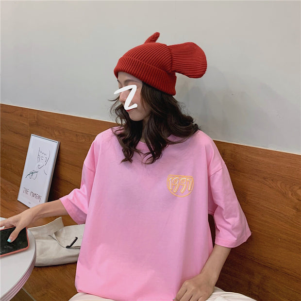 Camiseta holgada informal para mujer, remera de manga de tres cuartos con estampado de dibujos animados para mujer, ropa de calle Rosa, blanca y naranja