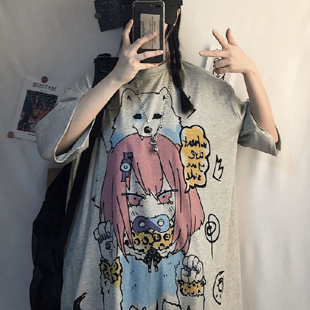 Anime White New Loose Ladies Short Sleeve T-shirt