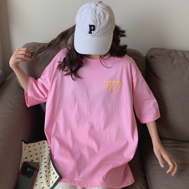 Camiseta holgada informal para mujer, remera de manga de tres cuartos con estampado de dibujos animados para mujer, ropa de calle Rosa, blanca y naranja