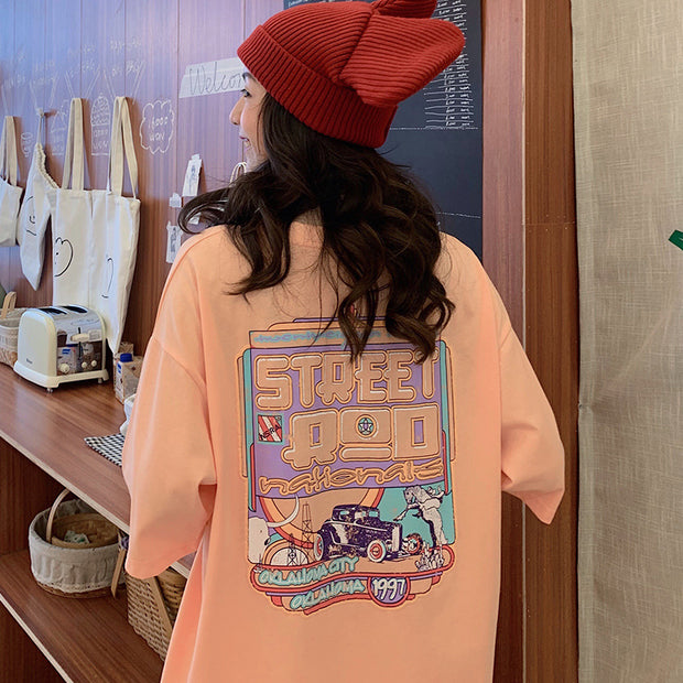 Camiseta holgada informal para mujer, remera de manga de tres cuartos con estampado de dibujos animados para mujer, ropa de calle Rosa, blanca y naranja