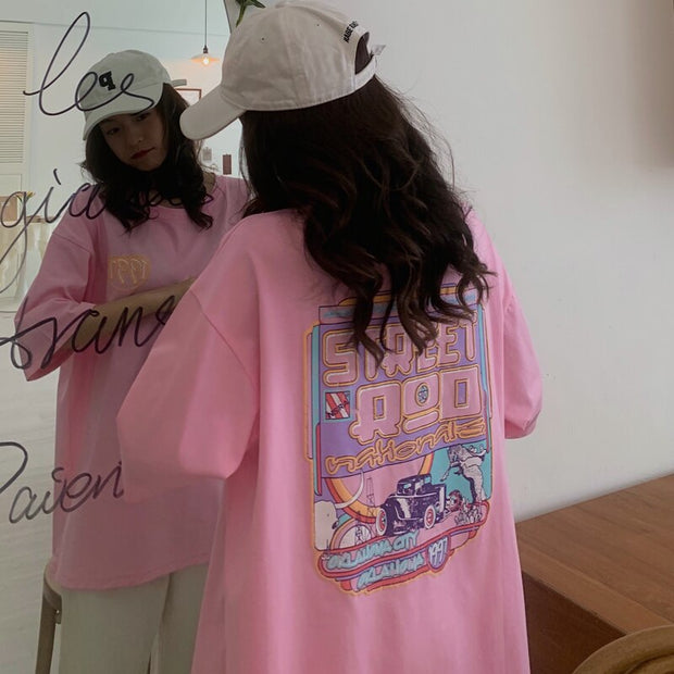 Camiseta holgada informal para mujer, remera de manga de tres cuartos con estampado de dibujos animados para mujer, ropa de calle Rosa, blanca y naranja