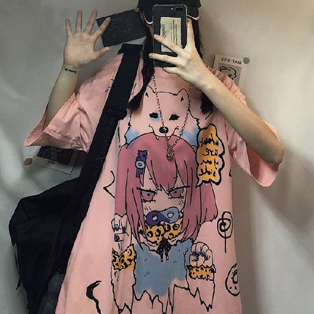 Anime White New Loose Ladies Short Sleeve T-shirt