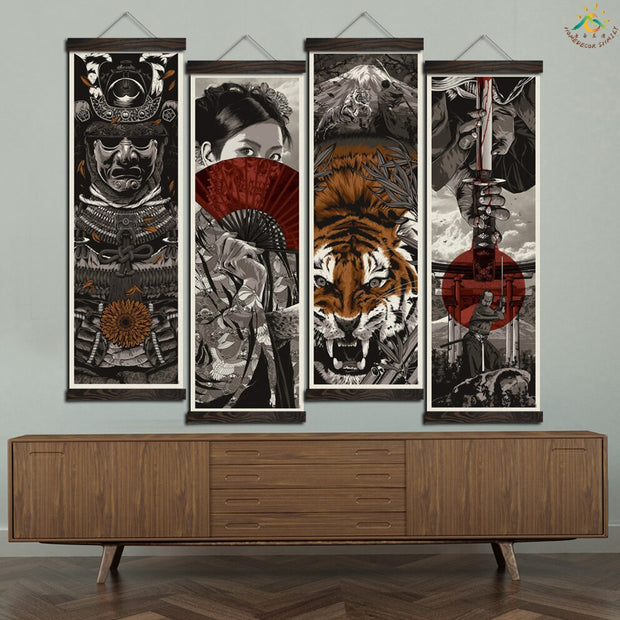 Japanese Manga Geisha Warrior Tiger Vintage Scroll Posters and Prints Scroll Painting Canvas Wall Art Pictures Frame Painting