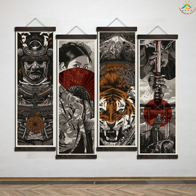 Japanese Manga Geisha Warrior Tiger Vintage Scroll Posters and Prints Scroll Painting Canvas Wall Art Pictures Frame Painting