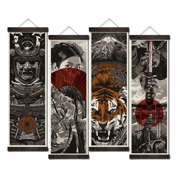 Japanese Manga Geisha Warrior Tiger Vintage Scroll Posters and Prints Scroll Painting Canvas Wall Art Pictures Frame Painting