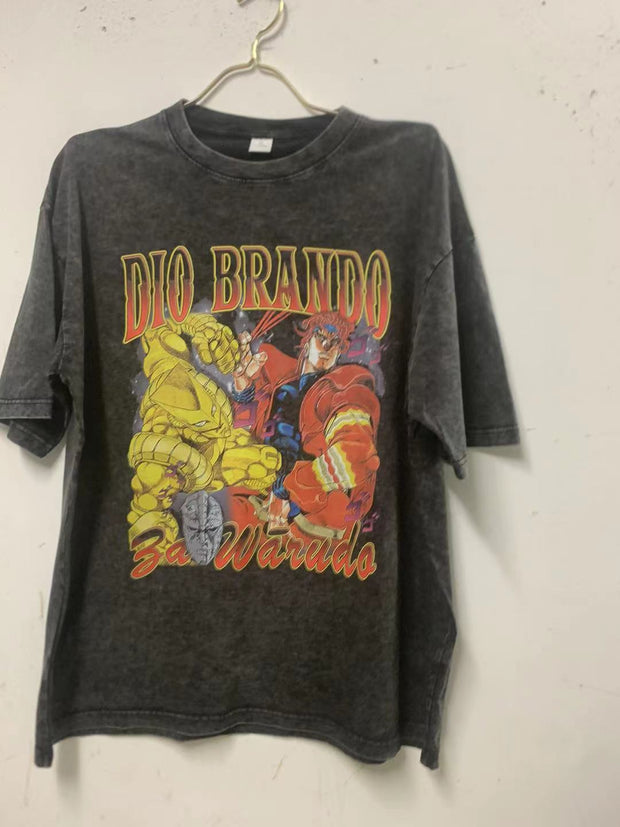 Kujo Jotaro T Shirt Vintage Washed Anime JoJos Bizarre Adventure  y2k DIO Tops Manga Short Sleeve T-shirts Tees Men Streetwear