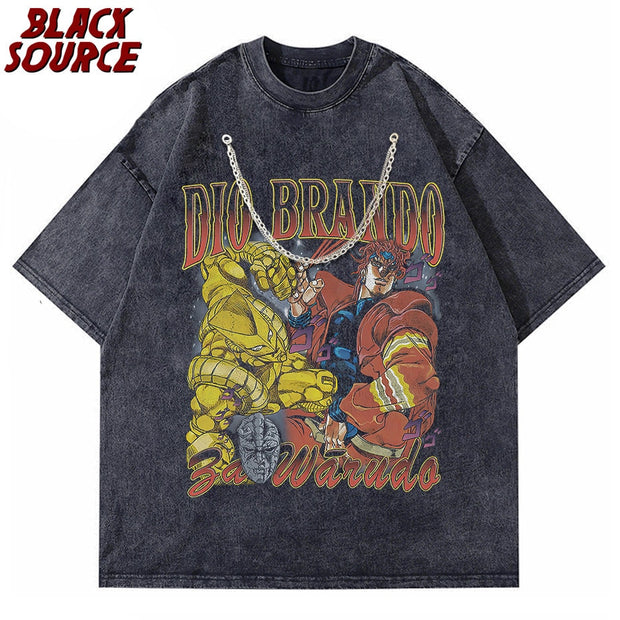 Kujo Jotaro T Shirt Vintage Washed Anime JoJos Bizarre Adventure  y2k DIO Tops Manga Short Sleeve T-shirts Tees Men Streetwear