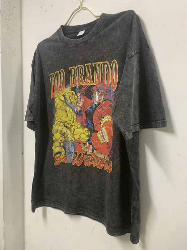 Kujo Jotaro T Shirt Vintage Washed Anime JoJos Bizarre Adventure  y2k DIO Tops Manga Short Sleeve T-shirts Tees Men Streetwear