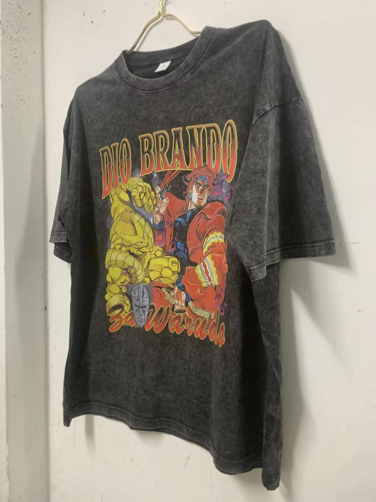 Kujo Jotaro T Shirt Vintage Washed Anime JoJos Bizarre Adventure  y2k DIO Tops Manga Short Sleeve T-shirts Tees Men Streetwear