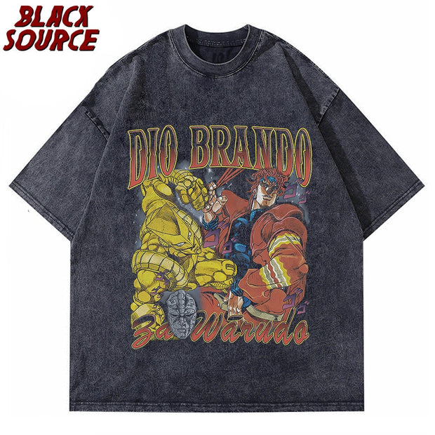 Kujo Jotaro T Shirt Vintage Washed Anime JoJos Bizarre Adventure  y2k DIO Tops Manga Short Sleeve T-shirts Tees Men Streetwear